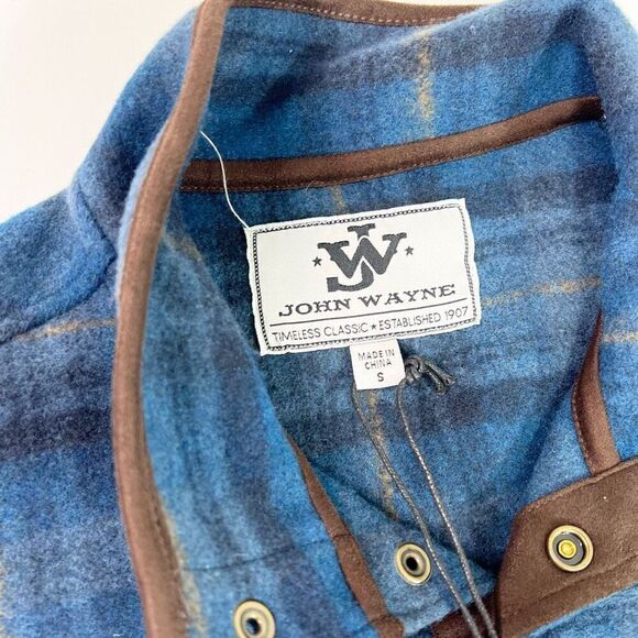 John Wayne Wooly  Fleece Sweater Mens Small Blue Quarter Snap Button Plaid New - Picture 3 of 11